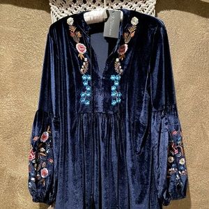 Blue Velvet Dress with Embroidery Large